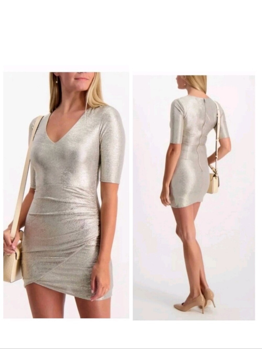 Alice + Olivia Judy dress with metallic  V-Neck Mini Dress 0 New without tags.